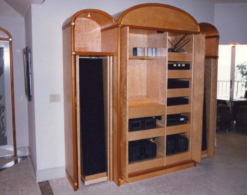 Birdseye maple with mahogany/gold-leaf accented<br />audio/display cabinet - Sailfish Point